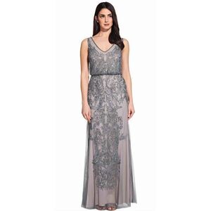 Adrianna Papell Audrey Embellished Mesh Gown In Pewter/Silver Sequin Sz 8